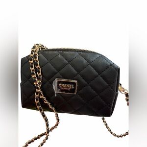 CHANEL NIB  Cosmetic Novelty Shoulder Bag Pouch Black Lame Material 7W x 4H x 2D
